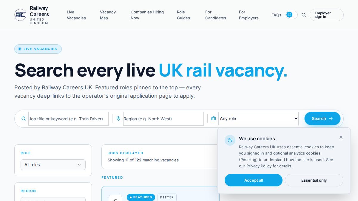 Railway Careers UK homepage preview
